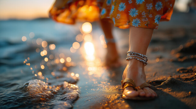 Beach walk at golden hour, anklets and soft waves around ankles, carefree summer mood, soft bokeh, with copy space - Powered by Adobe