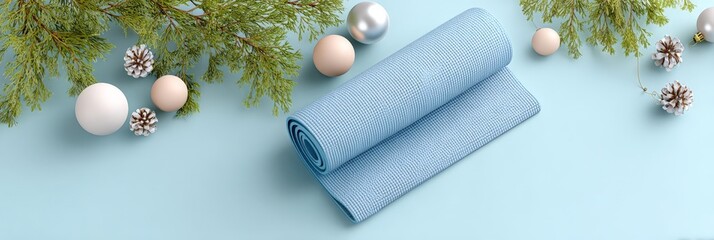 Blue yoga mat with holiday decor: festive exercise scene with ornaments and pinecones