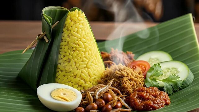 A vibrant and appetizing traditional meal, beautifully arranged on a fresh green banana leaf, steams gently, signaling its freshness and warmth. Golden yellow rice, shaped into a conical mound, takes 