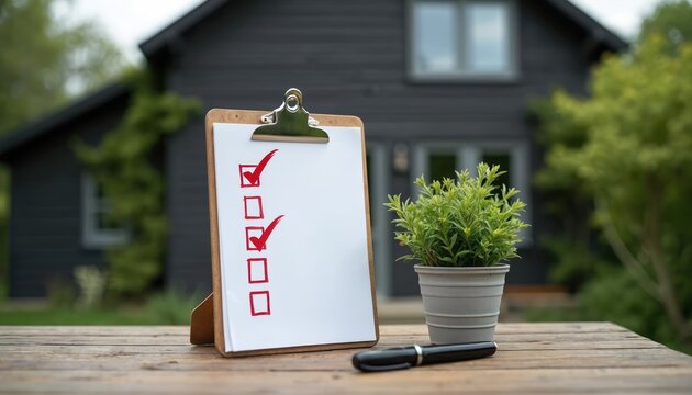 A clipboard with checklist on wooden table in front of house. Plant pot and pen add to the composition. The photo depicts concept of planning or completing tasks.