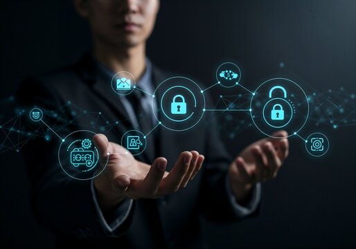 Data privacy concepts visualizing transparency, consent icons, encryption padlocks, control dials, ethical guidelines interconnected networks - Powered by Adobe