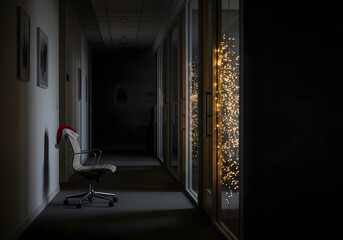 Modern office hallway on night shift with chair and Santa hat, essential services working at christmas