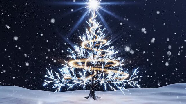 Magical Christmas tree growing from snow with a golden ribbon and star. 3D animation of an icy crystal tree forming under falling snowflakes at night. Festive holiday concept