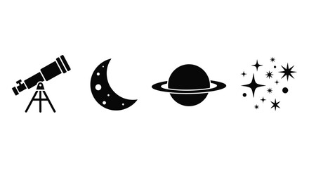 A simple black and white illustration of space elements and astronomy
