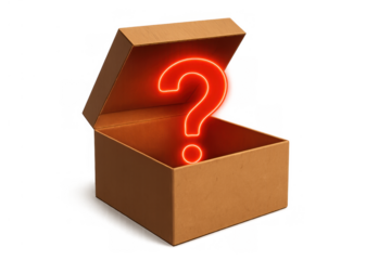 Open brown cardboard box revealing a glowing red neon question mark, representing questions, unknown answers, and hidden potential