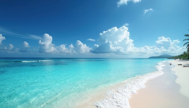 Azure waters meet white sand beach under fluffy clouds. Tropical island coast offers peaceful vacation. Coastal landscape, serene ocean view with palm trees invites travelers for holidays. Luxury - Powered by Adobe