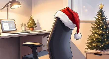 Silla ejecutiva con gorro navideño y pequeño árbol en escritorio, saludo corporativo de fin de año
