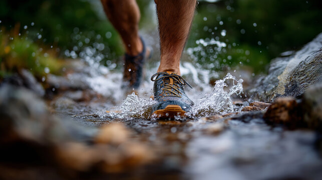 Trail runner crossing stream, ankle-deep water splash, rugged shoes, outdoor endurance vibe, with copy space