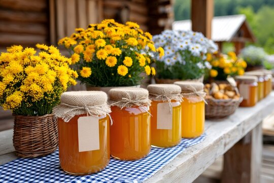 Rustic market stall selling homemade jars of honey
