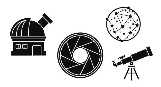 Observatory telescope camera aperture and constellation icons in black and white