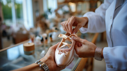 Pointe shoe fitting, fitter adjusting ribbons around ankle, boutique ballet shop, craftsmanship and care, with copy space