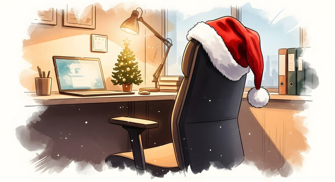 Escritorio acogedor con l&aacute;mpara c&aacute;lida, peque&ntilde;o &aacute;rbol de Navidad y silla con gorro de Pap&aacute; Noel para concepto de trabajo creativo desde casa