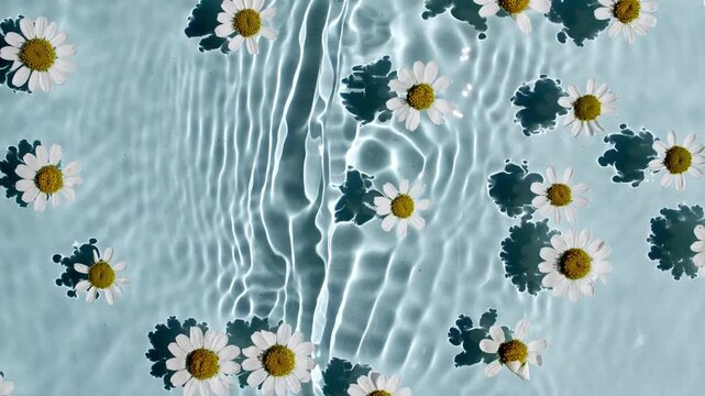 White Jasmine, Chamomile flowers on water surface waves on blue background. Water splash. Pure water with reflections sunlight and shadows. Valentines day texture. . High quality 4k footage