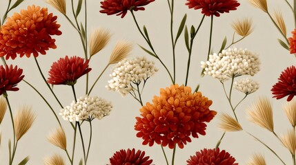 Naklejka premium Autumn floral seamless pattern with warm colored flowers