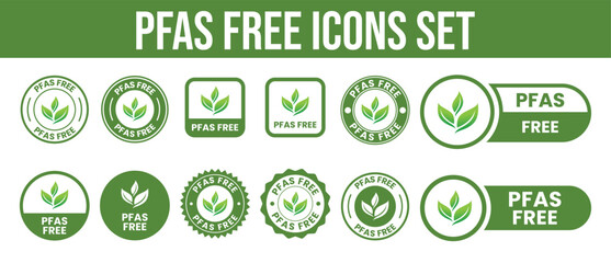 PFAS Free Label Icon Set. Circle Badge, Stamp, Logo, Symbol, Emblem Design. Black Line Vector Isolated on White Background for Non-Toxic, Chemical-Free, Eco-Friendly Product Packaging.	