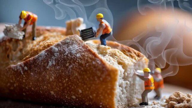 A group of small figurines are working on a loaf of bread. The scene is playful and whimsical, with the figurines acting as if they are real workers building a structure