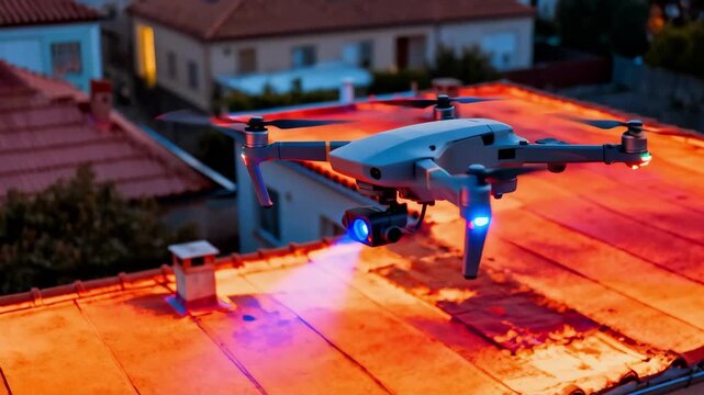 Medium shot of drone equipped with infrared sensor flying over rooftop capturing thermal images to detect heat loss and potential insulation issues.