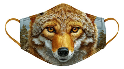 A coyote animal face is made inside a face mask on a white background.