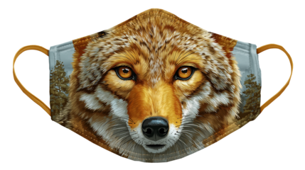 A coyote animal face is made inside a face mask on a white background.