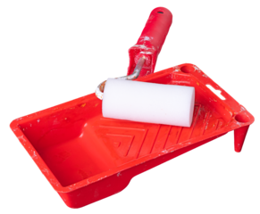 Paint tray with paint roller on an isolated background.