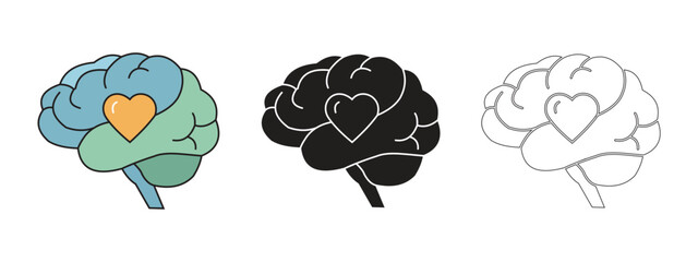 &ldquo;Human brain with heart symbol illustration set &ndash; emotional intelligence mental health icon in color, solid and outline styles&rdquo;