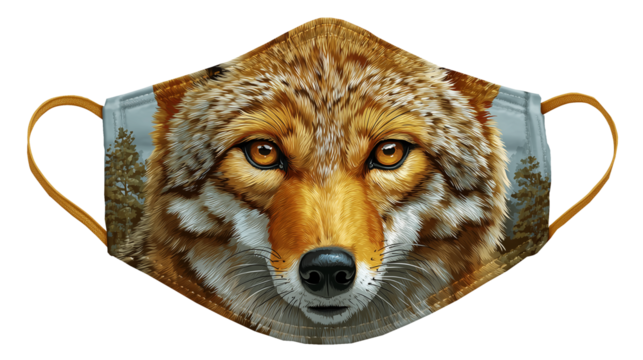 A coyote animal face is made inside a face mask on a white background.
