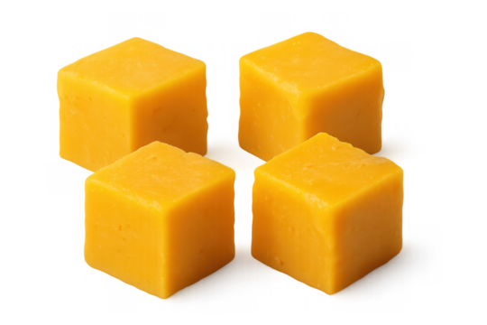 Four cheddar cheese blocks in cube shapes, perfect for appetizers, snacks, grilling, or cooking with transparency