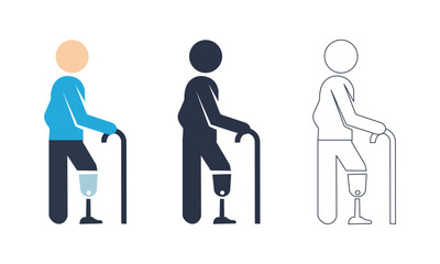 &ldquo;Disabled person with prosthetic leg using walking cane &ndash; mobility aid support, rehabilitation assistance, accessibility illustration set&rdquo;
