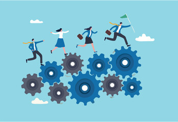 Organization efficiency, development and workflow, business strategy to make team success, company system and resources concept, business people running on rotating cogwheel or gear to drive business