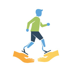 Colorful illustration of a child with running prosthetic legs supported by helping hands, symbolizing rehabilitation and disability support care