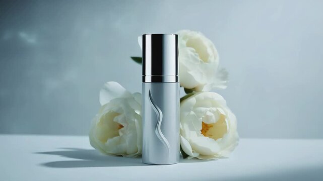 Cinematic Video of Elegant Matte White Cosmetic Bottle with Silver Pump Dispenser and White Peonies