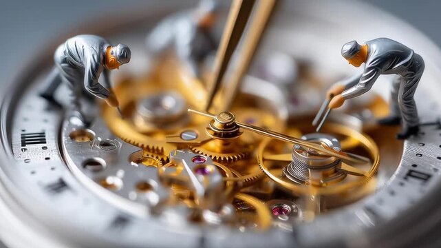 A clock with three men working on it. The clock is a model and the men are figurines - Powered by Adobe