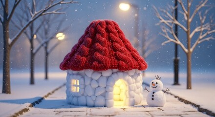 Whimsical knitted house with snowman in winter landscape at night  