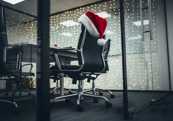 Conference room with Santa hat on office chair and curtain lights prepared for Christmas team meetings
