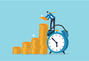 Long term investing or savings for retirement fund, compound interest or investment growth, tax time reminder concept, businessman on alarm clock put more dollar coin money to increase his savings.