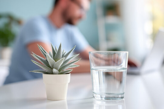Succulent plant, glass of water, and blurred man working on laptop in modern home office, creating calm and focused workspace atmosphere with natural light and minimal decor
