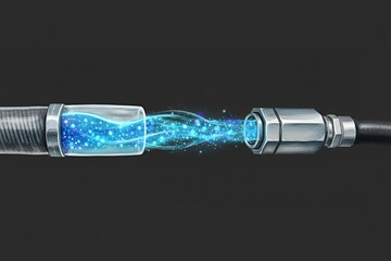 Water flowing through flexible hose with glowing particles and connection hydrogen refueling station