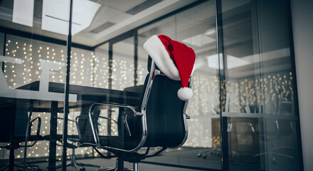 Santa hat on office chair in open space coworking area decorated for Christmas and startup holiday season