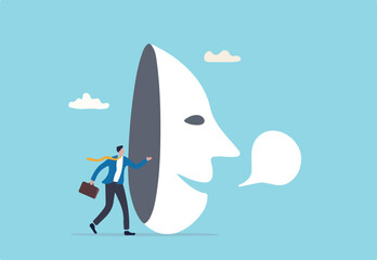 Dishonesty, lies or scam, fraud or fake hiding behind disguise mask, business cheating or suspicion false or fake news concept, dishonest businessman hiding behind disguise mask pretend to lying.