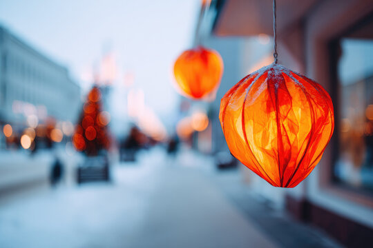 Defocused glowing holiday lanterns orange paper lamp winter street snow festive atmosphere blurred background outdoor evening warm light celebration - Powered by Adobe