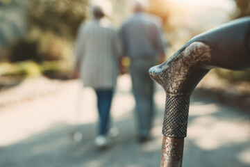 Close up of walking cane handle with textured grip, outdoors in soft sunlight, elderly couple walking together in background, peaceful and supportive atmosphere