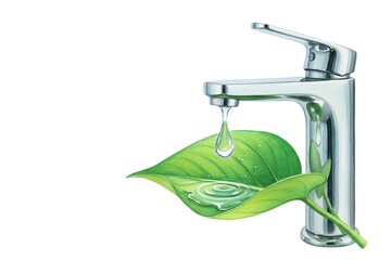 Eco-friendly faucet with water droplet resting on green leaf saving water in home