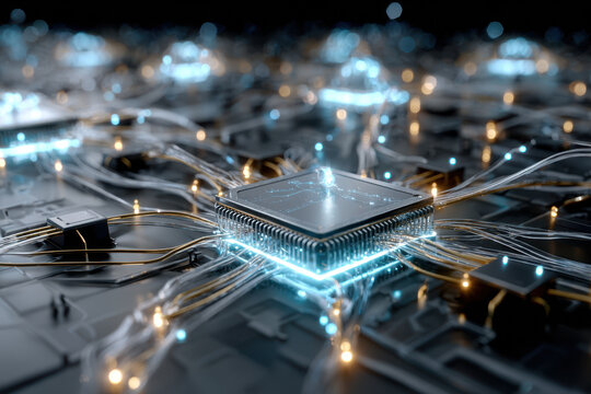 Advanced computer chips and circuits glow in a high-tech digital environment