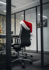 Close up of santa hat on stylish office chair with soft golden christmas bokeh, playful corporate holiday concept for social media and employer branding campaigns