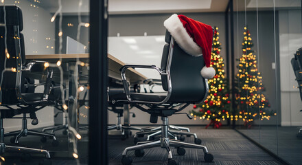 Blurred office chair with Santa hat and golden christmas lights bokeh, modern business workplace background with copy space for holiday marketing or web banners
