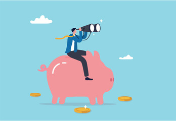 Financial future, discover investment opportunity, mutual fund or stock market pension fund, wealth management or savings concept, businessman riding piggybank look through binoculars to see future.
