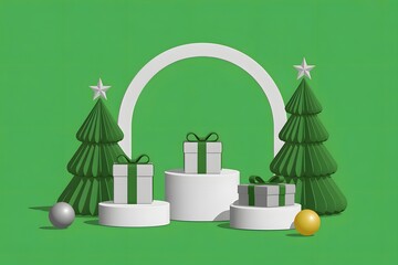 Festive christmas scene with trees and gifts on a green background display