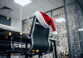 Christmas Santa hat on ergonomic office chair in modern business workplace with blurred festive lights and tree, empty corporate office interior during holiday season