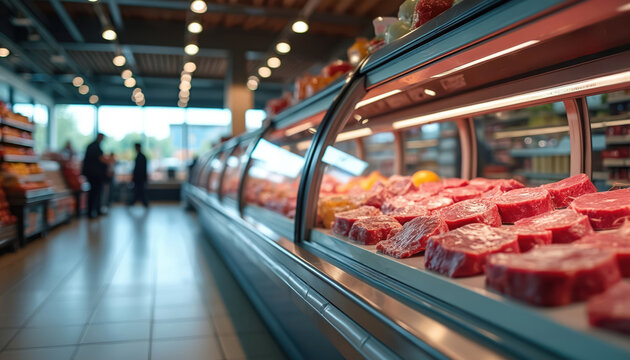 Deli counter displays fresh raw meat cuts at supermarket. Red meat products are displayed in refrigerated glass case. Store interior with clients silhouettes in background.