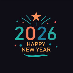Happy new year 2026 festive greeting card design with colorful typography, a star, and abstract fireworks elements on a dark background, celebrating the upcoming year